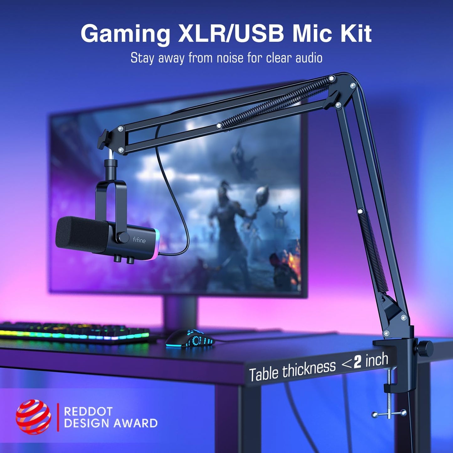 XLR/USB Gaming Microphone Set, Dynamic PC Mic for Streaming Podcasting, Computer RGB Mic Kit with Boom Arm Stand, Mute Button, Headphones Jack, for Recording Vocal Voice-Over-Ampligame AM8T